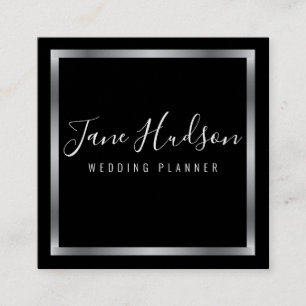Tarjeta De Visita Cuadrada Elegante negro minimalista editable plata