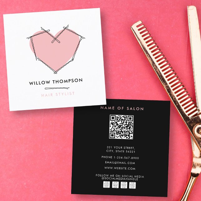 Tarjeta De Visita Cuadrada Elegante negro rosado Bobby Pins pelo (Elegant Modern Black Pink Bobby Pins Hair Square Business Card)