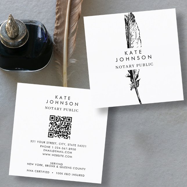 Tarjeta De Visita Cuadrada Elegante Notario Agente de firma Feather Quill Log (Stylish Notary Signing Agent Feather Quill Logo Square Business Card)