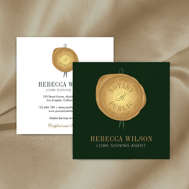 Tarjeta De Visita Cuadrada Elegante Notario de Moda moderna con sello de Wax  (Elegant notary business cards in emerald green and faux gold with faux wax stamp monogram)