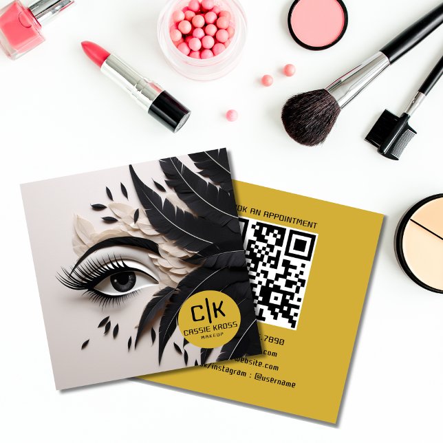 Tarjeta De Visita Cuadrada Elegante Ojo Feathers Black Gold Makeup MUA (Subido por el creador)