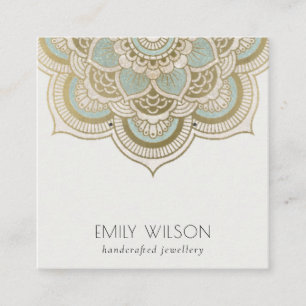 Tarjeta De Visita Cuadrada Elegante Ornate Gold Verde azulado Mandala Earring