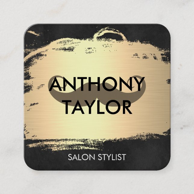 Tarjeta De Visita Cuadrada Elegante oro metálico cepillado con bigote (Anverso)