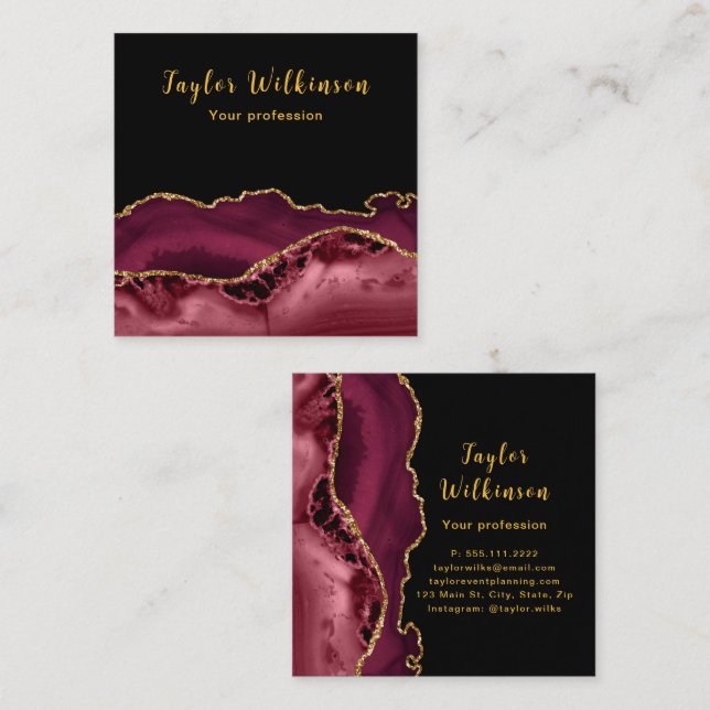 Tarjeta De Visita Cuadrada Elegante oro y Agato Rojo Borgoña (Anverso / Reverso)