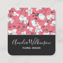Tarjeta De Visita Cuadrada Elegante orquídea blanca negra floral rosa moderno