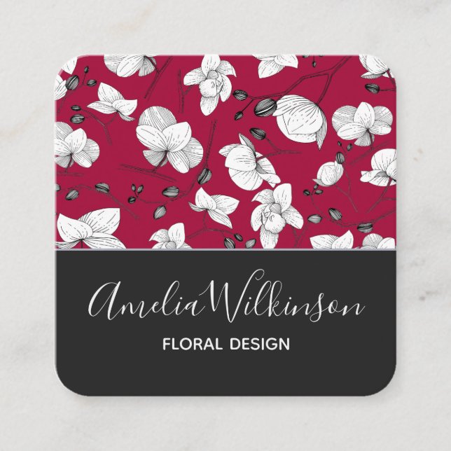 Tarjeta De Visita Cuadrada Elegante orquídea blanco negro floral burgundi mod (Anverso)