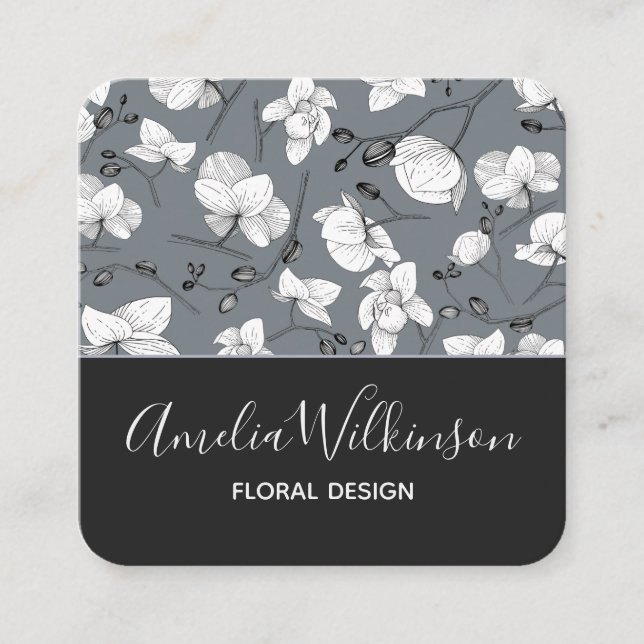 Tarjeta De Visita Cuadrada Elegante orquídea negro y blanco floral gris delic (Anverso)