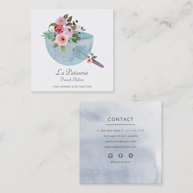 Tarjeta De Visita Cuadrada Elegante panadería Boda Floral Azul (Anverso / Reverso)