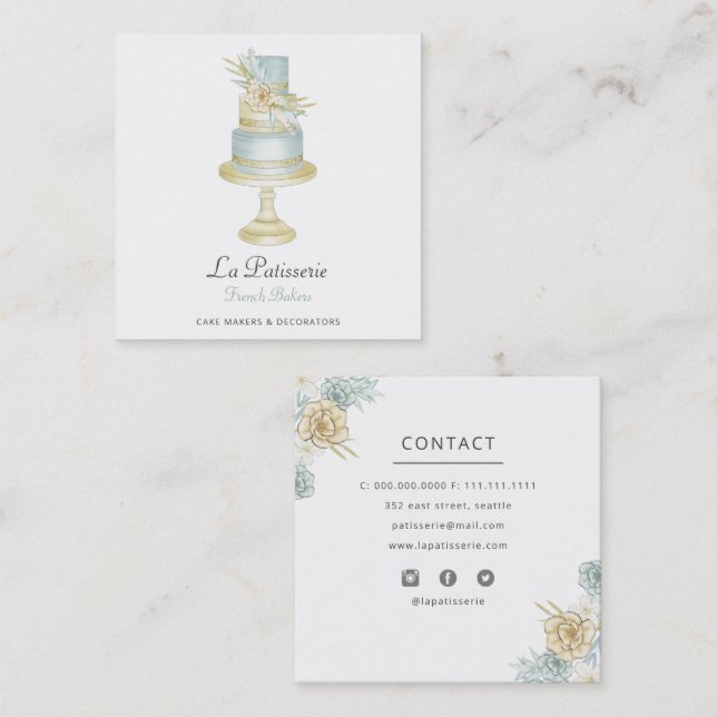 Tarjeta De Visita Cuadrada Elegante panadería Boda Floral Azul (Anverso / Reverso)