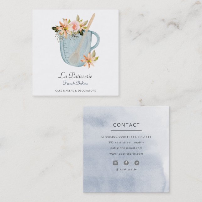 Tarjeta De Visita Cuadrada Elegante panadería Boda Floral Azul (Anverso / Reverso)