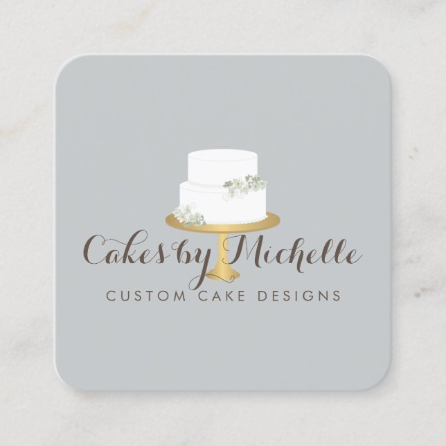 Tarjeta De Visita Cuadrada Elegante pastel blanco con decoración de pasteles  (Anverso)