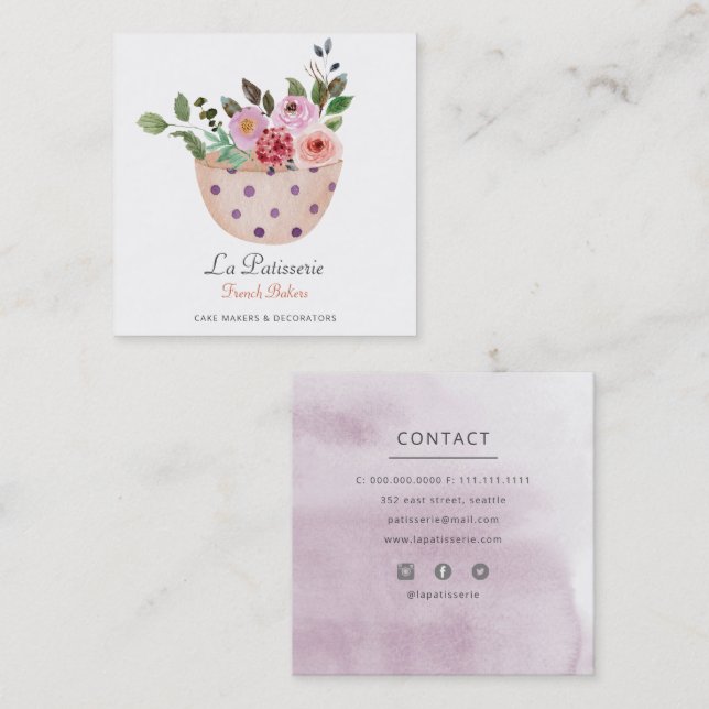 Tarjeta De Visita Cuadrada Elegante pastelería de Boda floral de envergadura  (Anverso / Reverso)