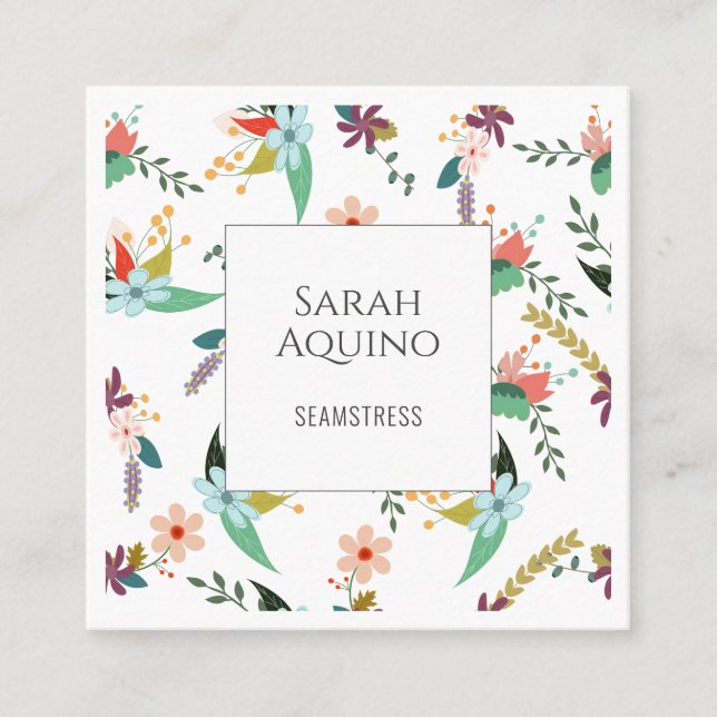 Tarjeta De Visita Cuadrada Elegante Patrón Floral De Seamstress En Blanco (Anverso)