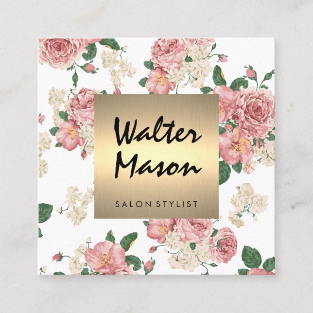 Tarjeta De Visita Cuadrada Elegante Patrón Floral Trampa de Oro Cuadrado (Anverso)