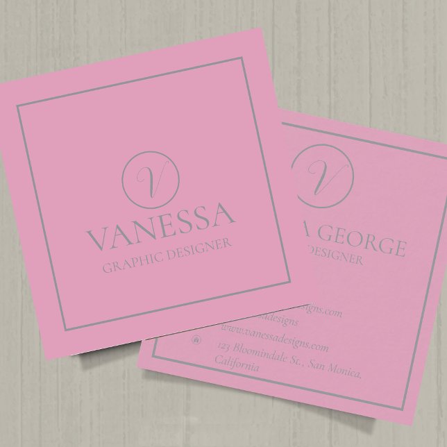 Tarjeta De Visita Cuadrada Elegante Personalizado de monograma moderno rosado (Elegant Cute Pink Modern Monogram Custom Square Business Card)
