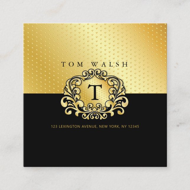 Tarjeta De Visita Cuadrada Elegante Personalizado Monograma Gold Black Busine (Anverso)