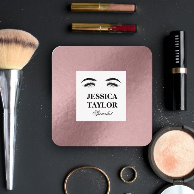 Tarjeta De Visita Cuadrada Elegante pestañas azotan cuadrado rosa rosa rosa r (Chic design for makeup artist - rose gold gradient color)