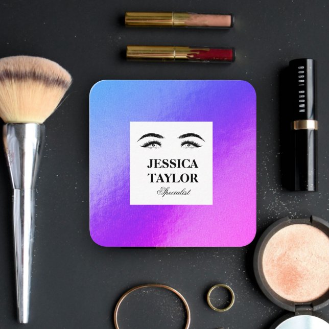 Tarjeta De Visita Cuadrada Elegante pestañas encaja cuadrado holográfico púrp (Lashes illustration in purple holographic - makeup artist square business card)