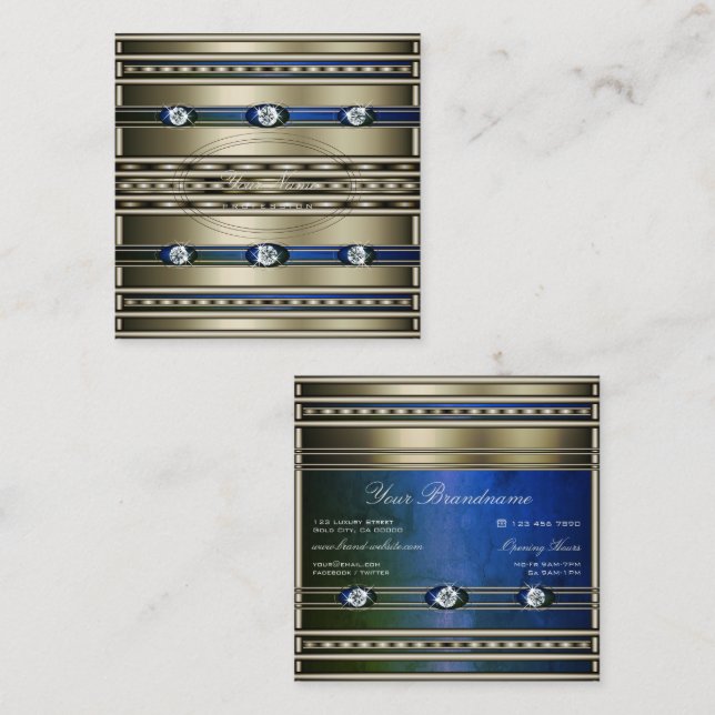 Tarjeta De Visita Cuadrada Elegante Plata Efecto Azul y Mármol Verde Patten (Anverso / Reverso)