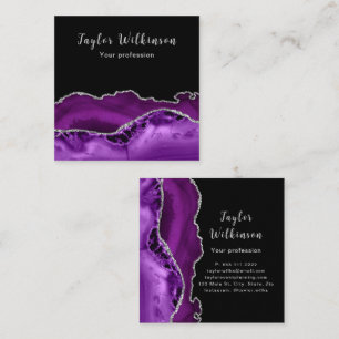 Tarjeta De Visita Cuadrada Elegante Plata y Ágata Morada Oscura