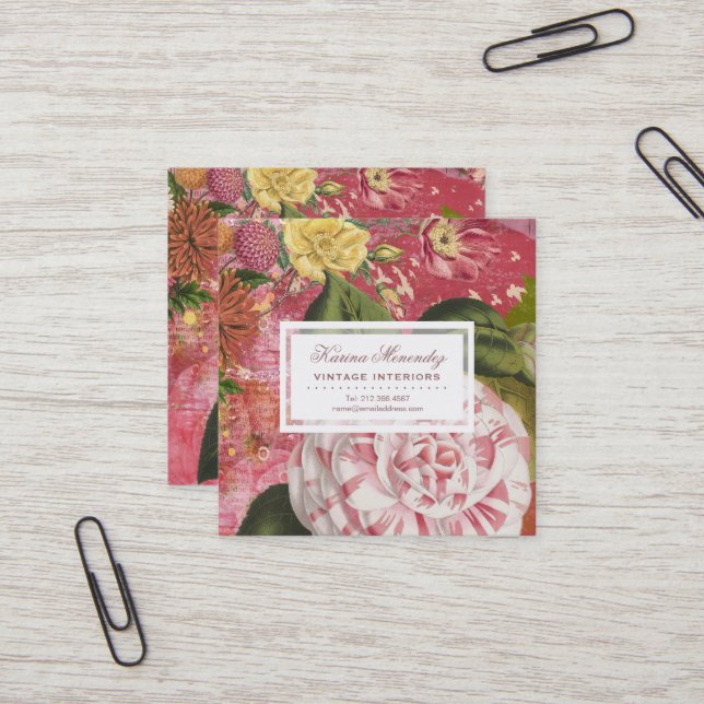 Tarjeta De Visita Cuadrada Elegante Plaza de Moda Floral de Camellia Vintage (Anverso/Reverso In Situ)