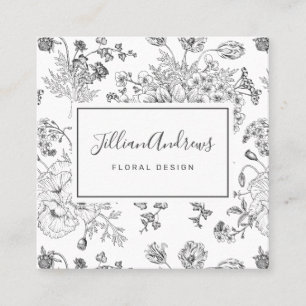Tarjeta De Visita Cuadrada Elegante profesional de diseño floral blanco negro