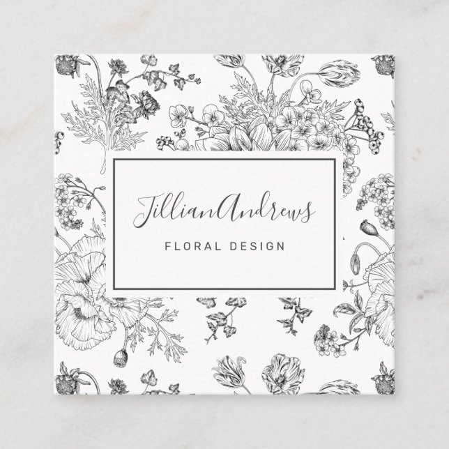 Tarjeta De Visita Cuadrada Elegante profesional de diseño floral blanco negro (Anverso)