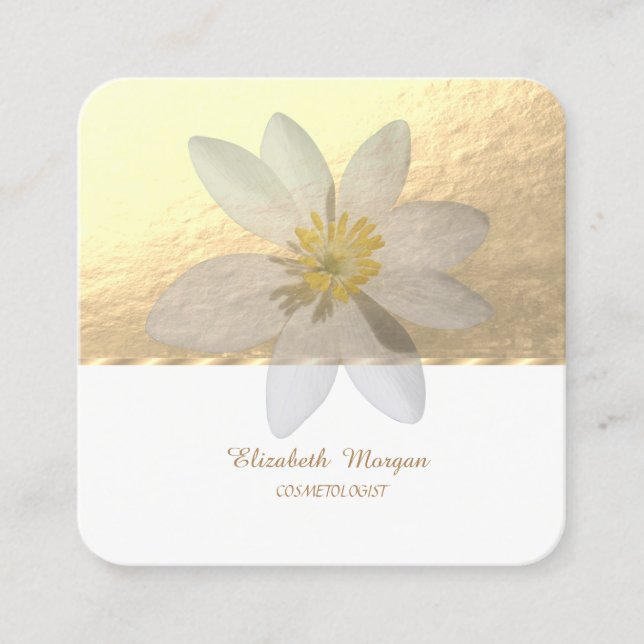 Tarjeta De Visita Cuadrada Elegante profesional,Faux Gold,White Daisy (Anverso)