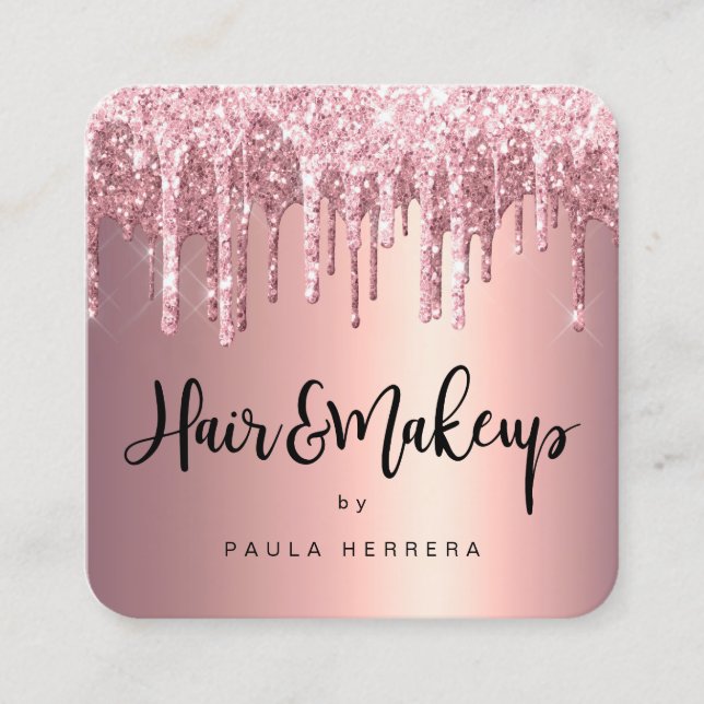 Tarjeta De Visita Cuadrada Elegante purpurina de cobre rosa dorado gotea maqu (Anverso)