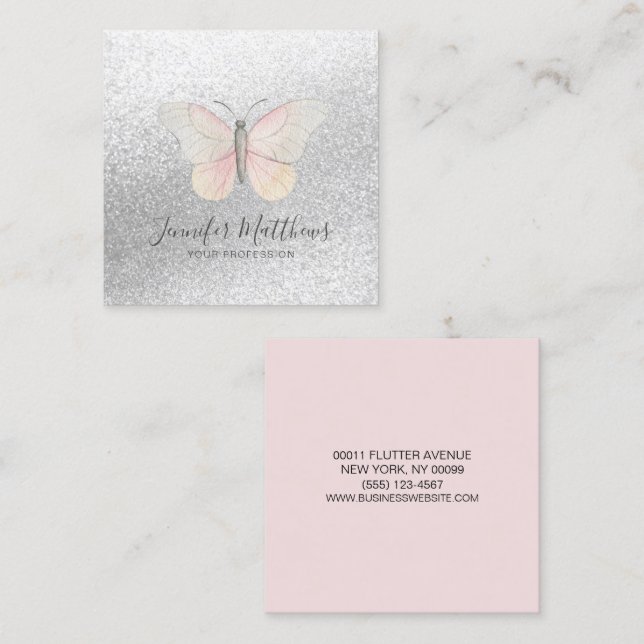 Tarjeta De Visita Cuadrada Elegante Purpurina de mariposa Rubor (Anverso / Reverso)
