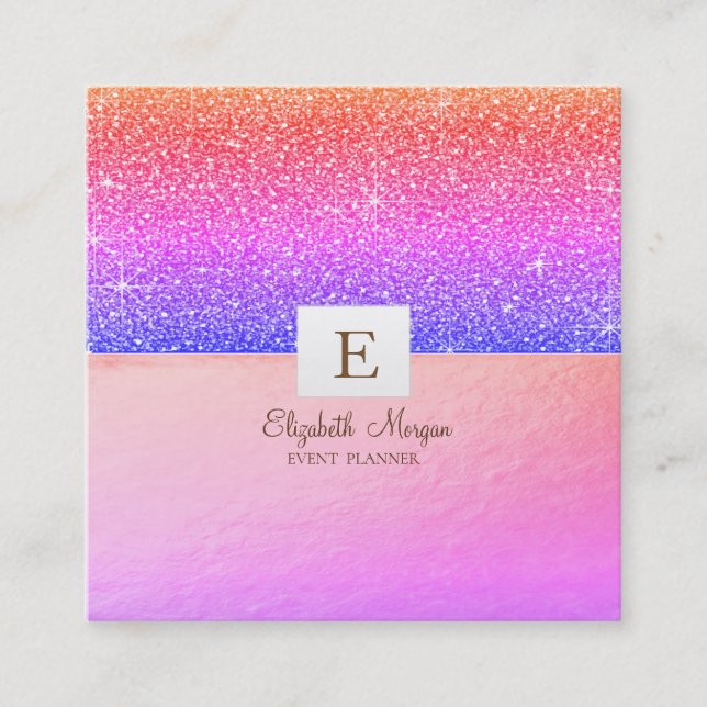 Tarjeta De Visita Cuadrada Elegante Purpurina de Monograma Moderno Violet Omb (Anverso)