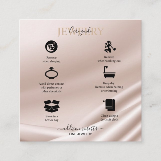 Tarjeta De Visita Cuadrada Elegante Purpurina de oro Jewelry Care Square Busi (Anverso)