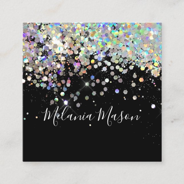 Tarjeta De Visita Cuadrada Elegante Purpurina Holográfico Artista de maquilla (Anverso)