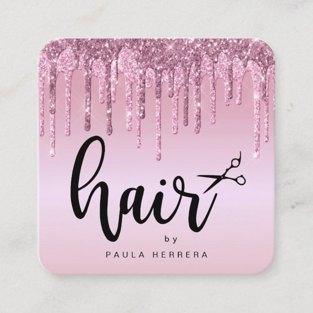 Tarjeta De Visita Cuadrada Elegante purpurina rosa rosa dorado gotea peluquer (Anverso)