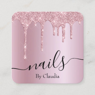 Tarjeta De Visita Cuadrada Elegante purpurina rosa rosado elegante gotea uñas