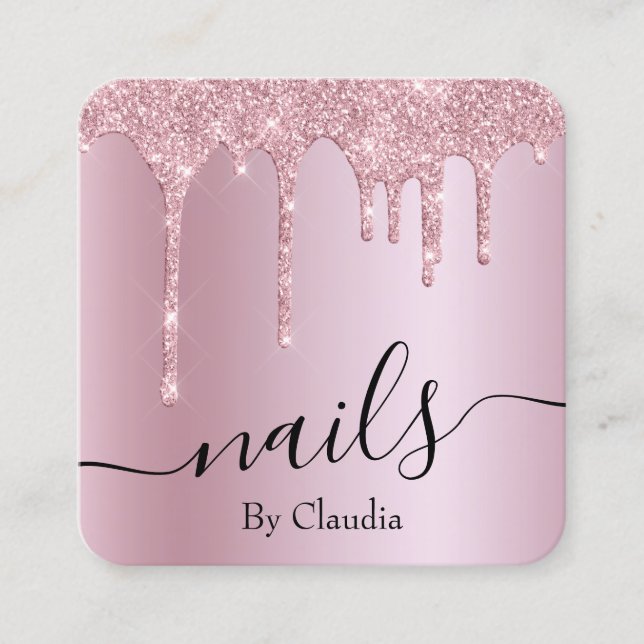 Tarjeta De Visita Cuadrada Elegante purpurina rosa rosado elegante gotea uñas (Anverso)