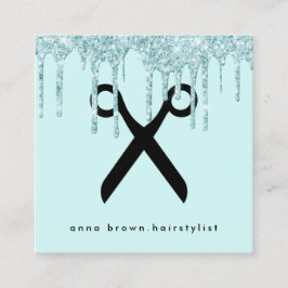 Tarjeta De Visita Cuadrada Elegante purpurina verde menta gotea peinado