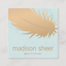 Tarjeta De Visita Cuadrada Elegante Rosa de plumas de oro de línea azul turqu