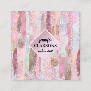 Tarjeta De Visita Cuadrada Elegante Rosa Dorado Brillante Pincel Acuarela Mod