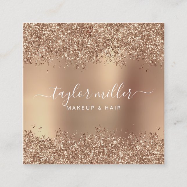 Tarjeta De Visita Cuadrada Elegante rosa elegante maquillaje purpurina de oro (Anverso)