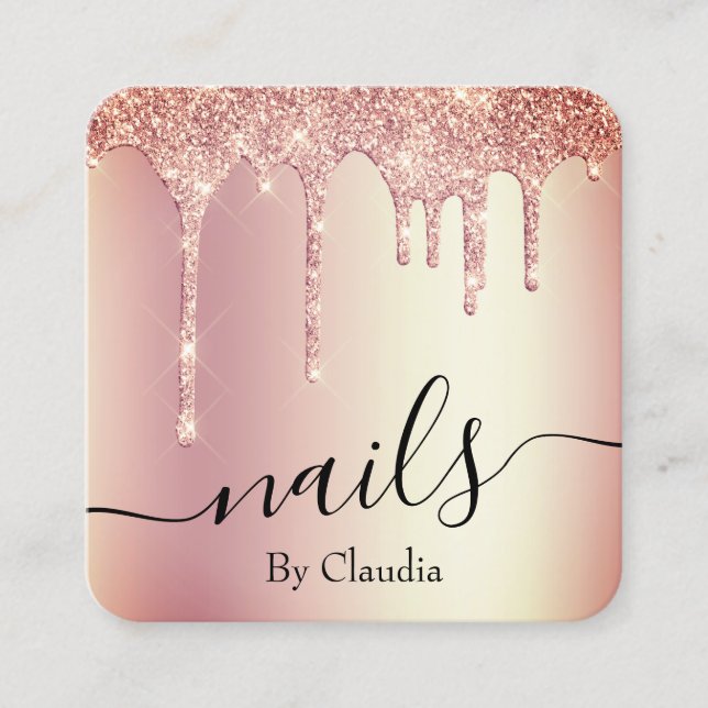 Tarjeta De Visita Cuadrada Elegante rosa elegante purpurina dorado gotea uñas (Anverso)