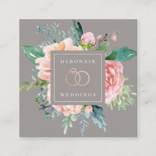 Tarjeta De Visita Cuadrada Elegante Rosa Gold Rings Floral