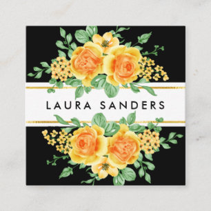 Tarjeta De Visita Cuadrada Elegante Rosa Naranja amarillo pelo de flores y ma