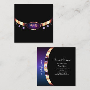 Tarjeta De Visita Cuadrada Elegante Rosa negro dorado y morado con iniciales