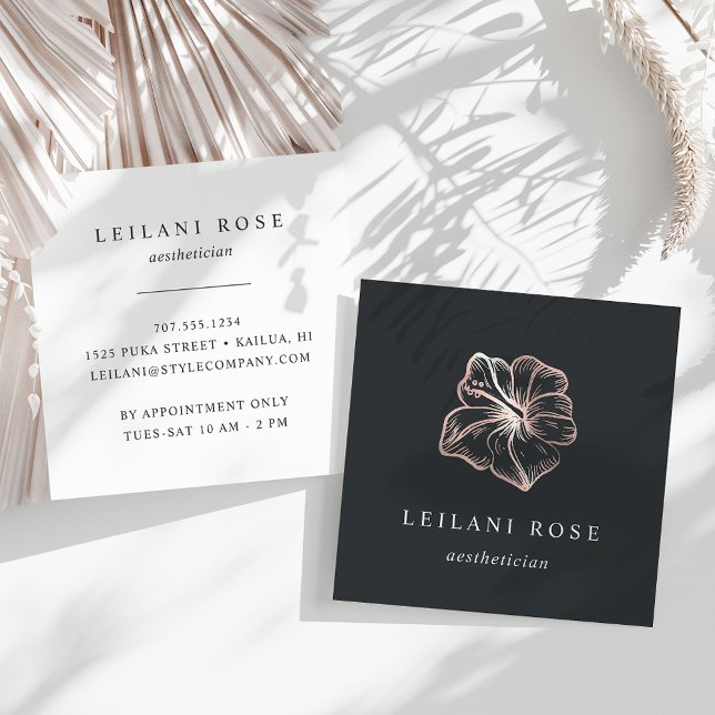 Tarjeta De Visita Cuadrada Elegante Rosa Oro Tropical Hibiscus Flower (Subido por el creador)
