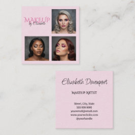 Tarjeta De Visita Cuadrada Elegante Rosa Pálido Negro Script 3 Foto Maquillaj
