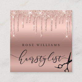 Tarjeta De Visita Cuadrada Elegante rosa purpurina de oro tijeras peinado