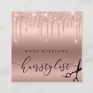 Tarjeta De Visita Cuadrada Elegante rosa purpurina de oro tijeras peinado