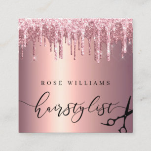 Tarjeta De Visita Cuadrada Elegante rosa purpurina de oro tijeras peinado