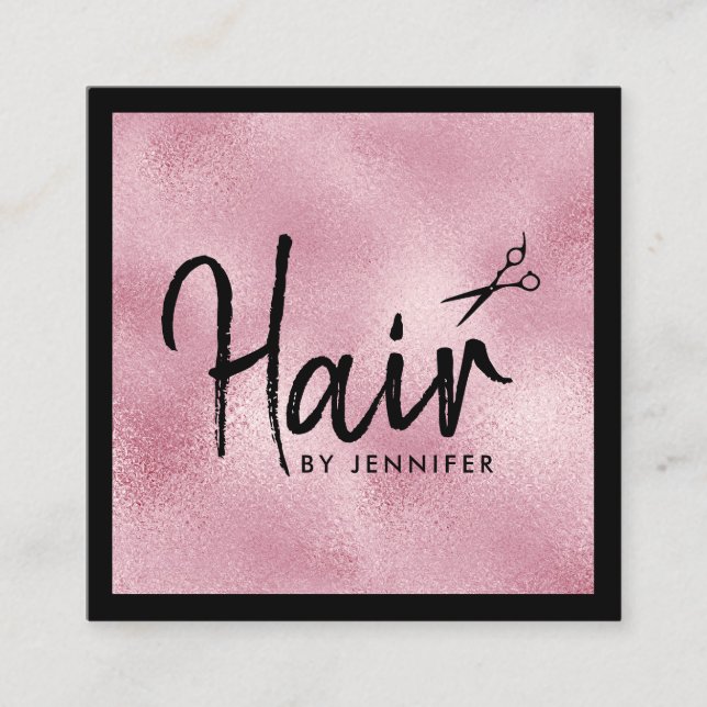 Tarjeta De Visita Cuadrada Elegante rosa rosa oro negro tijeras peinado (Anverso)